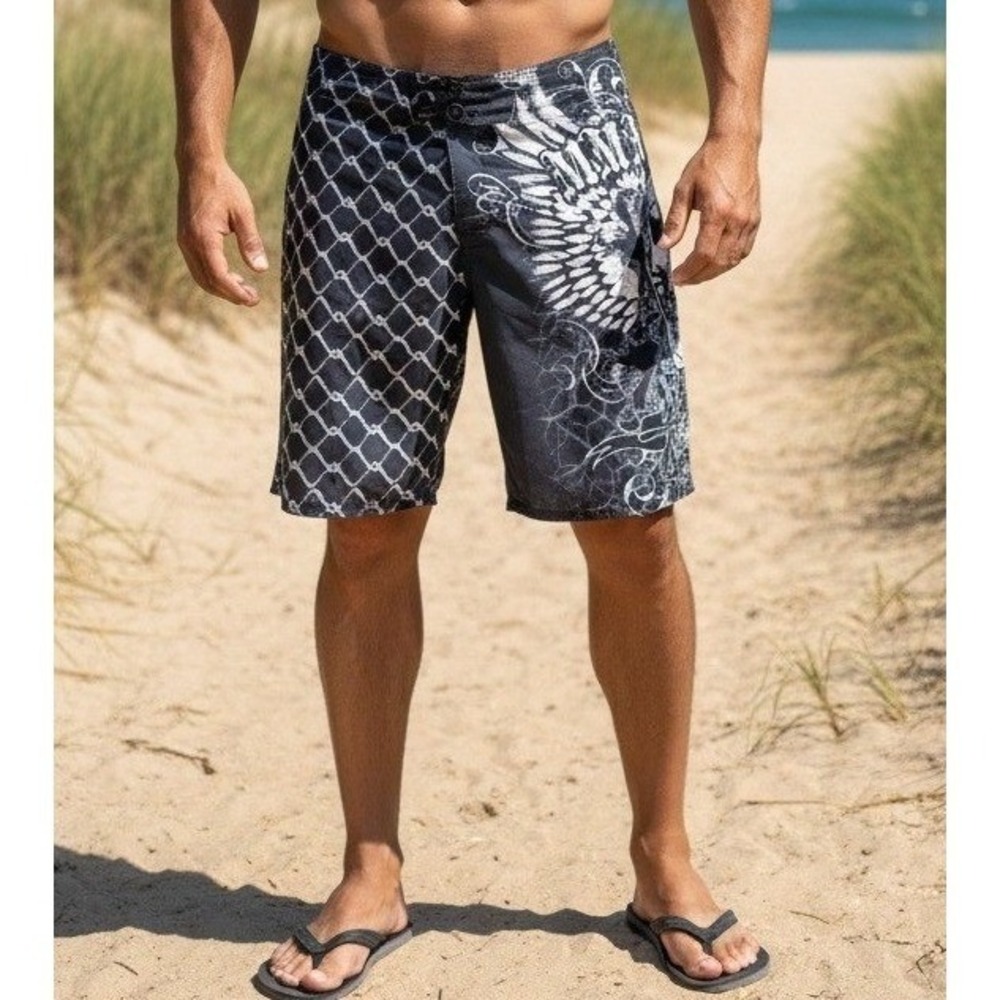 MMA Elite Board Shorts Skull Winged Men's Size XL Black Gray Graphic Swim Trunk